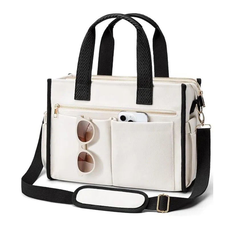 Large Canvas Tote Bag with Pockets (Zip Shoulder Work Bag for School, Travel & Everyday Use)